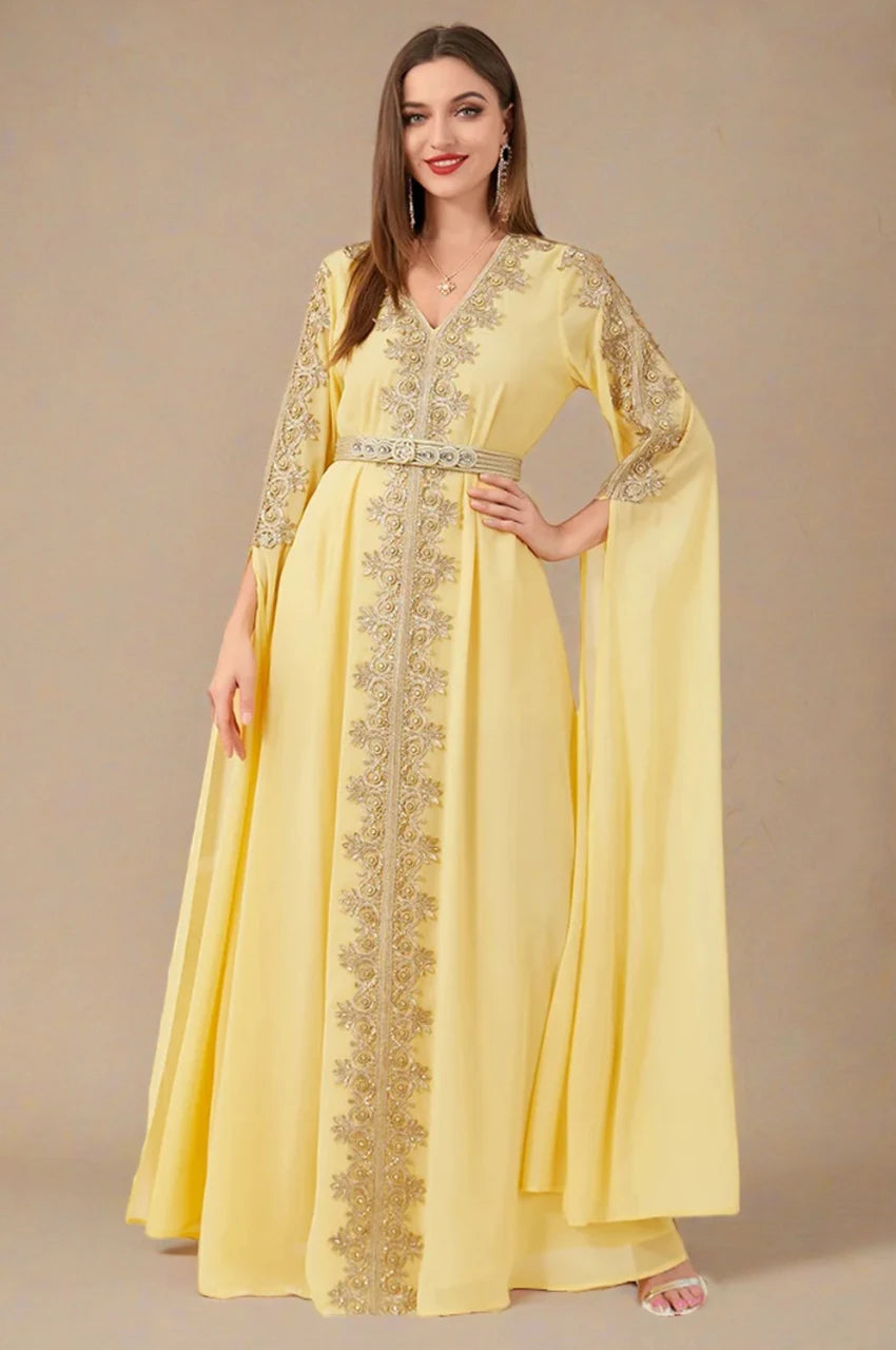Maelis yellow Moroccan traditional kaftan with intricate gold embroidery