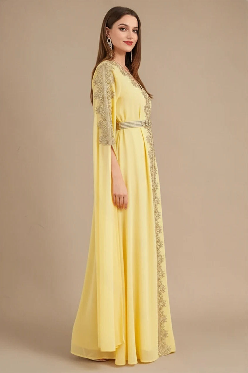 Maelis yellow Moroccan traditional kaftan elegant side profile