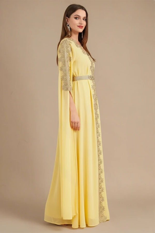 Maelis yellow Moroccan traditional kaftan elegant side profile