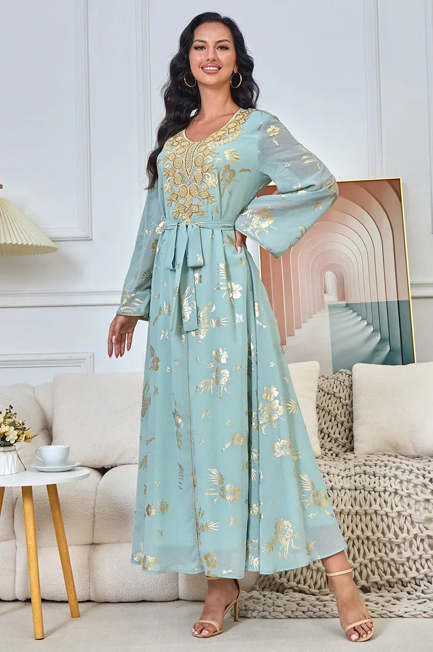 Front view of the Malika Aqua Gold moroccan kaftan evening dress featuring intricate gold embroidery and belt.