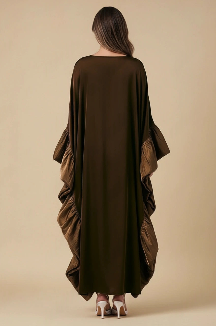 Back view of Malya brown ruffle kaftan featuring full-length flowing drape