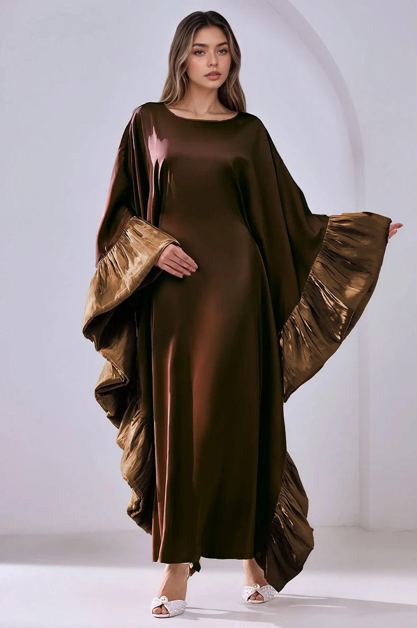 Elegant front pose of the Malya brown ruffle kaftan with flowing satin finish