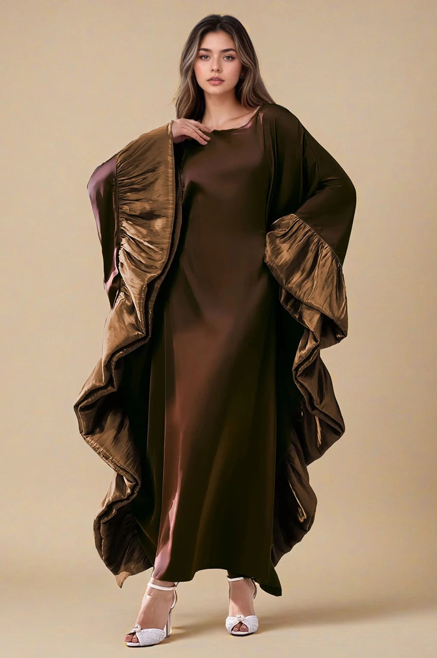 Full-length front view of the Malya brown ruffle kaftan with wide satin ruffle detailing