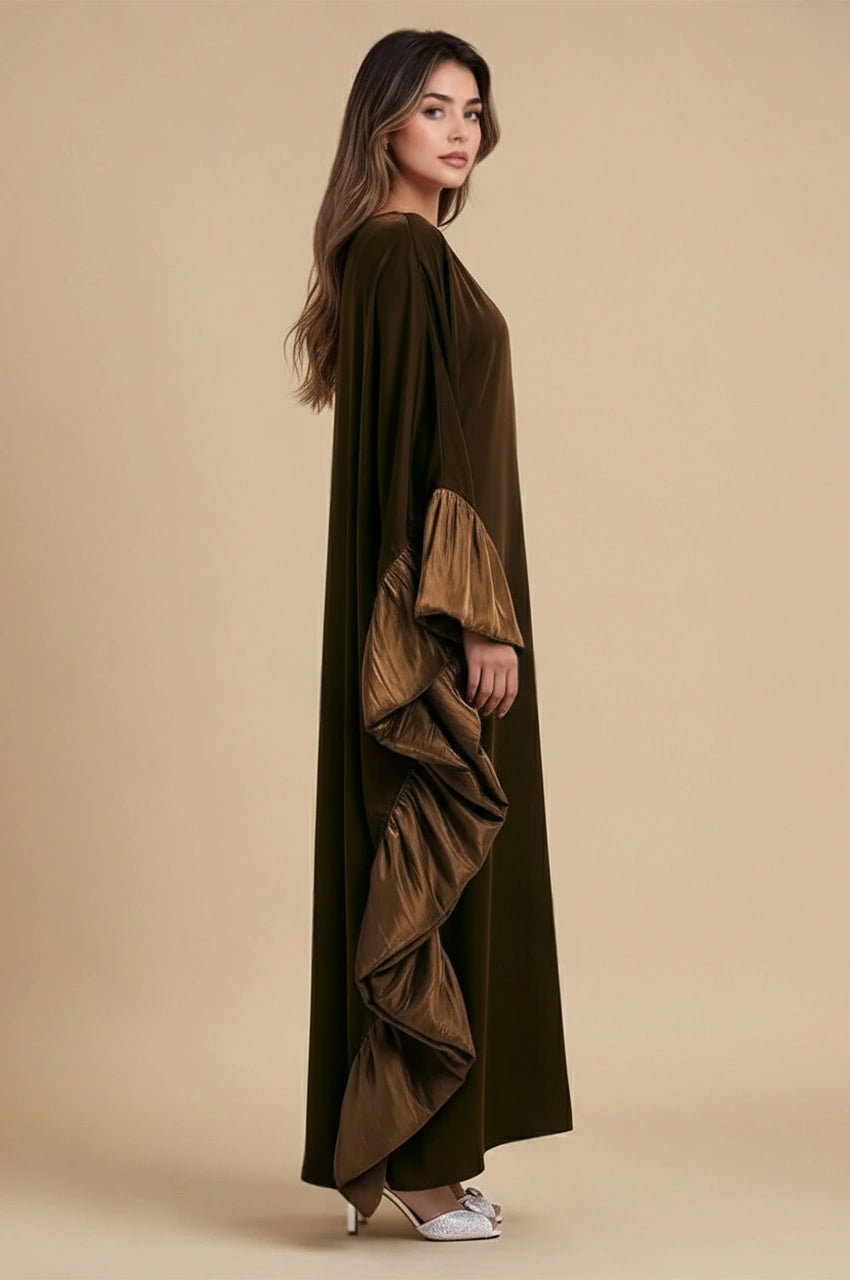 Side view of Malya brown ruffle kaftan with cascading layered satin sleeves