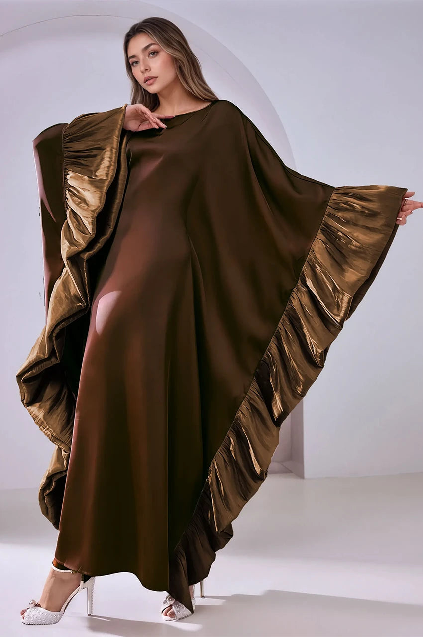 Brown Malya ruffle kaftan with wide open sleeves and textured ruffle movement