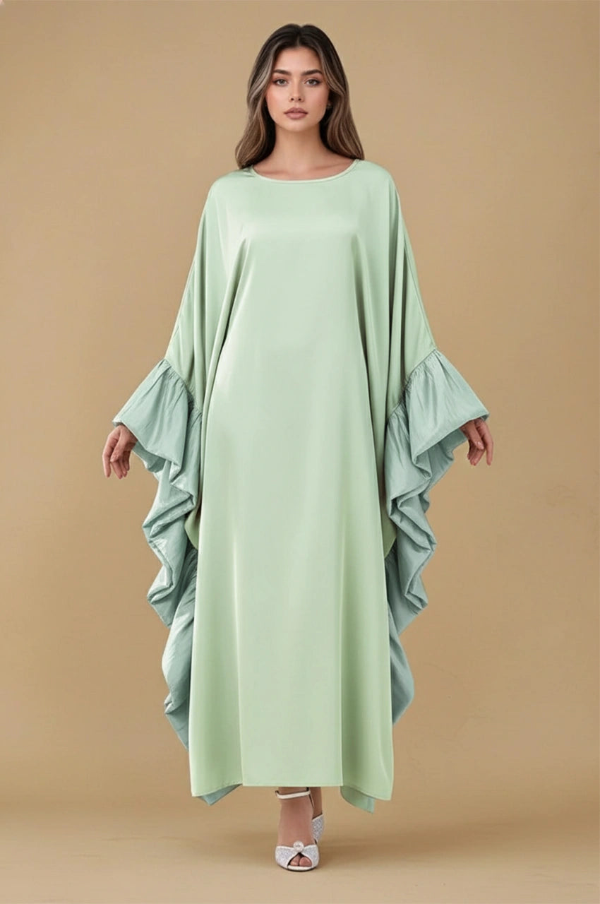 Front view of the Malya green ruffle kaftan with flowing satin silhouette and layered ruffle sleeves