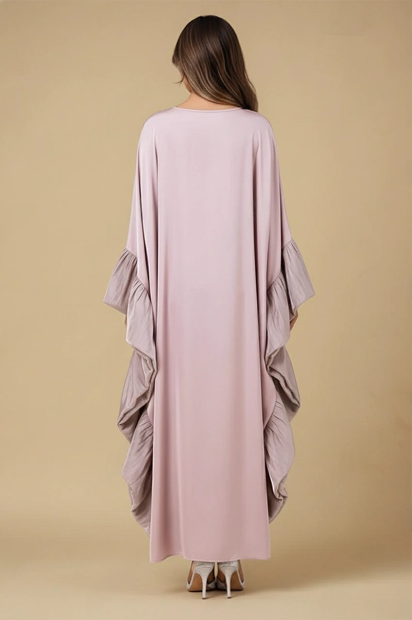 Back view of Malya pink ruffle kaftan with full-length soft satin drape