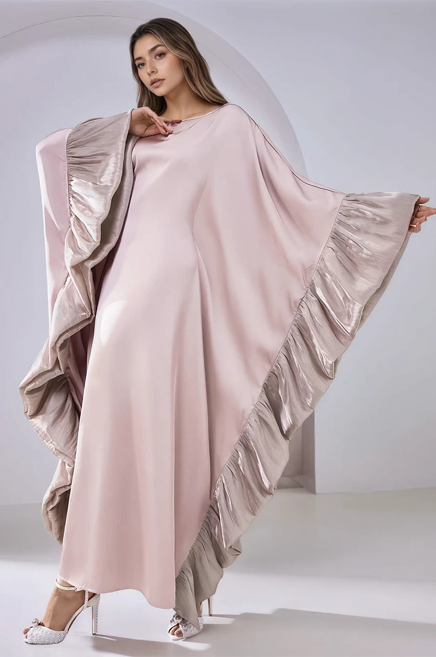 Pink Malya ruffle kaftan with flowing ruffle sleeves in motion
