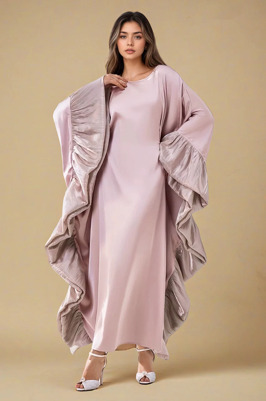 Full-length front view of Malya pink ruffle kaftan with wide flowing sleeves