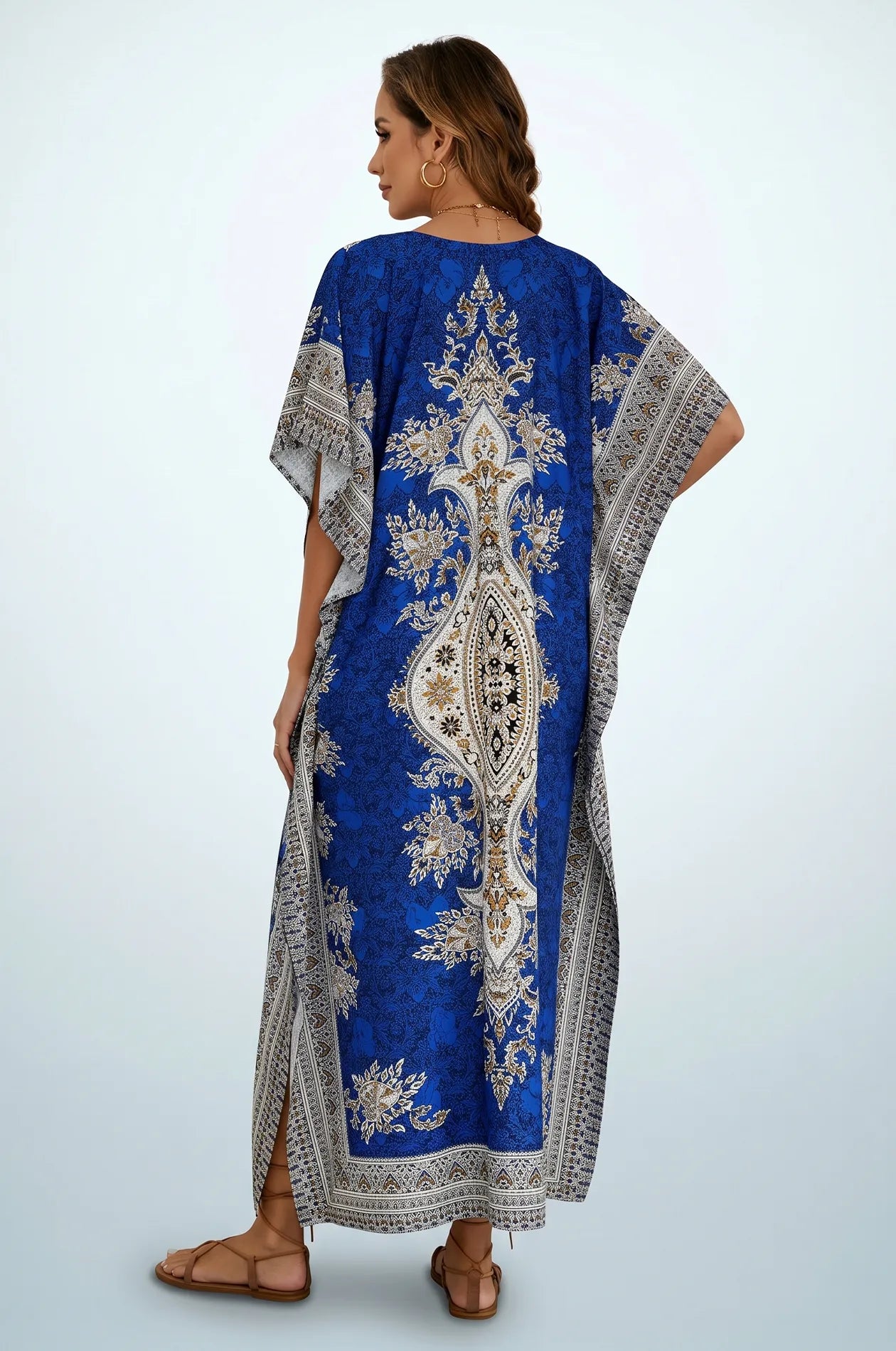 Back view of blue mandala medallion print kaftan with kimono sleeves