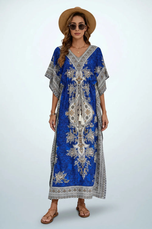 Front studio view of blue mandala maxi kaftan with tassel drawstring waist