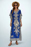 Front studio view of blue mandala maxi kaftan with tassel drawstring waist
