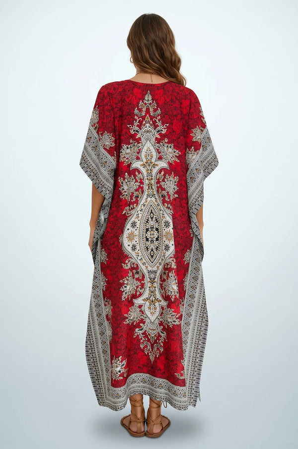 Back view of crimson mandala medallion print kaftan with kimono sleeves