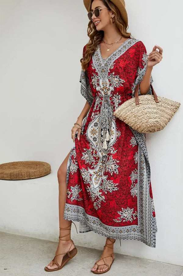 Red mandala kaftan with side slit styled with straw tote bag