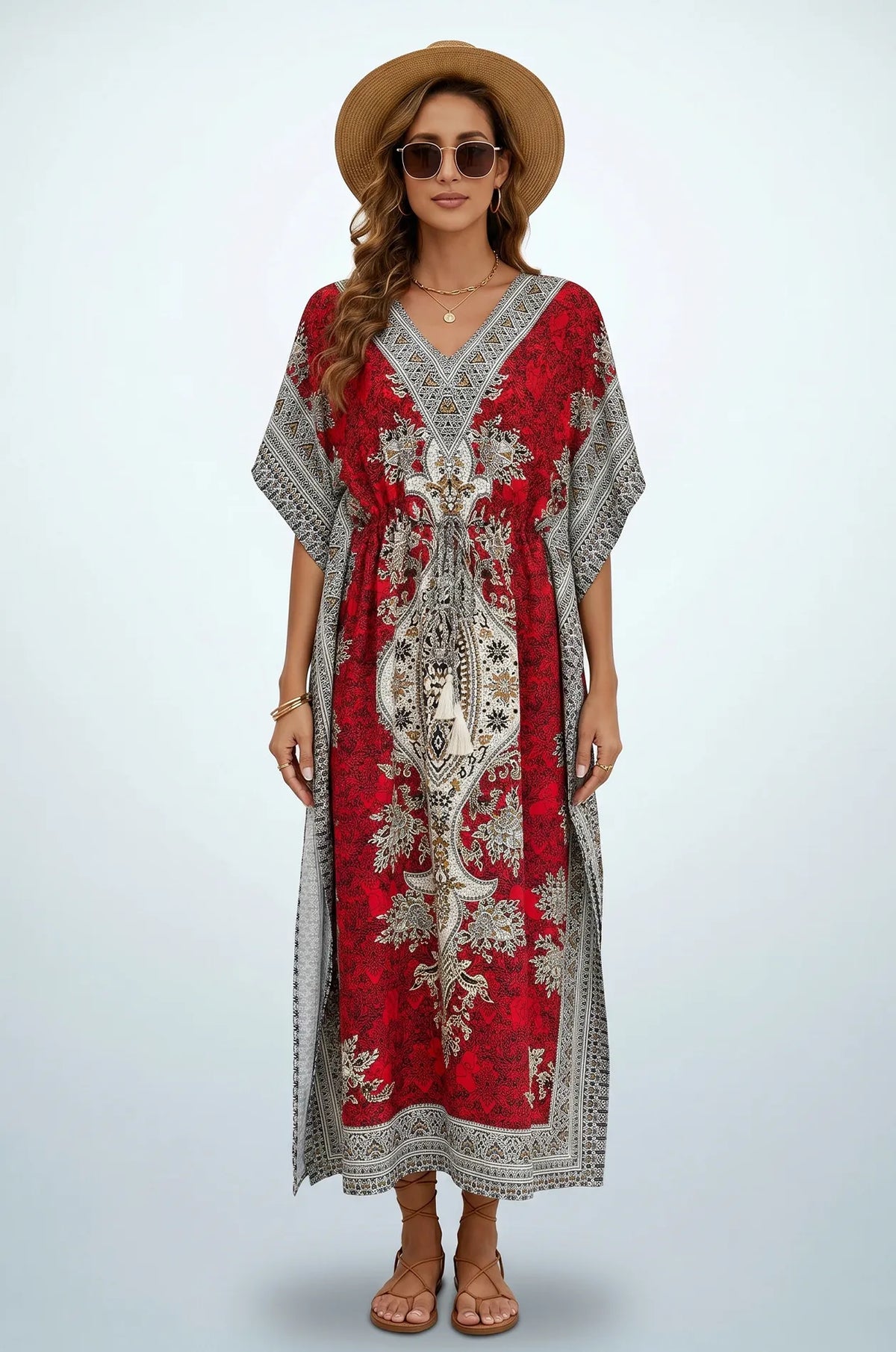 Front studio view of red mandala maxi kaftan with tassel drawstring waist