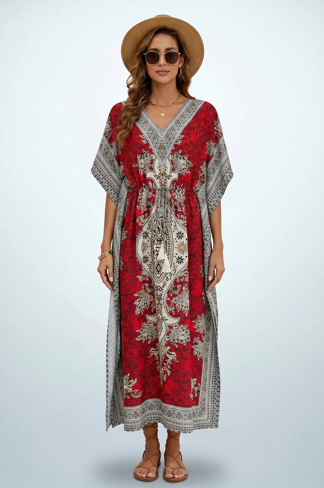 Front studio view of red mandala maxi kaftan with tassel drawstring waist