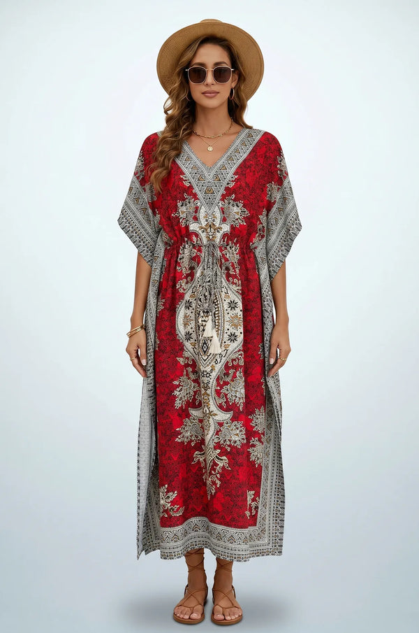 Front studio view of red mandala maxi kaftan with tassel drawstring waist