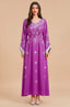 Full-length front view of the Maya Magenta Kaftan by Naylara with intricate silver rhinestone detailing.