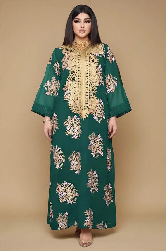 Emerald green Mhaya feather sleeve kaftan with statement gold embroidery, front studio shot