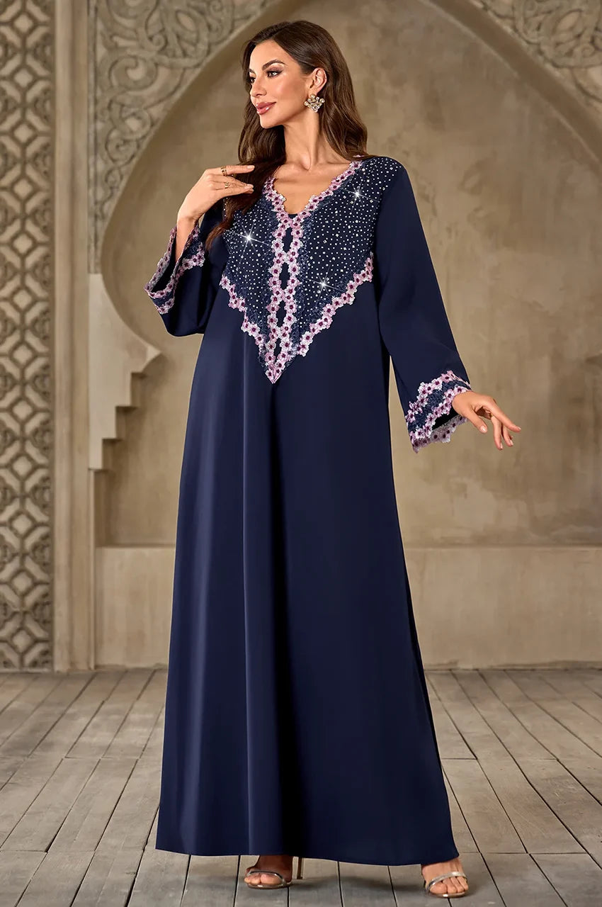 Close up of crystal embellishment on Milah navy blue dress.