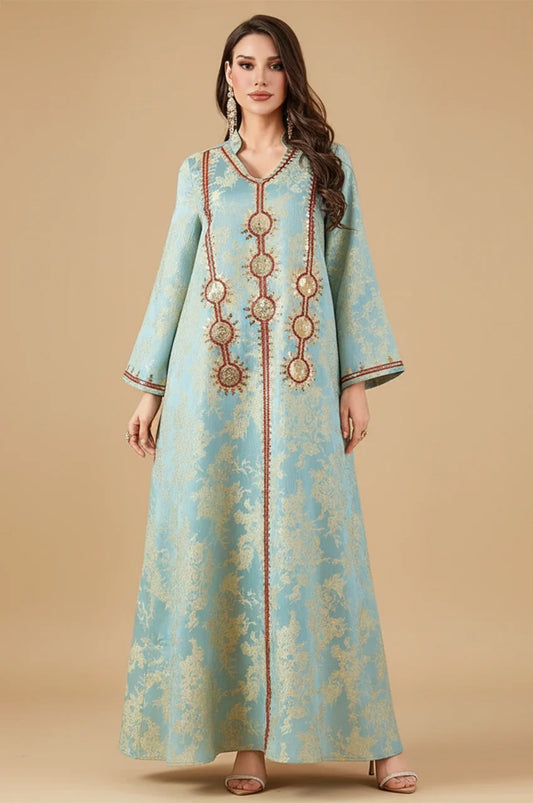 Full length studio shot of the Riyah modest kaftan dress in mint green.