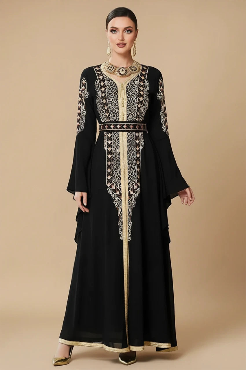 Miral black and gold kaftan with luxury embroidery front view