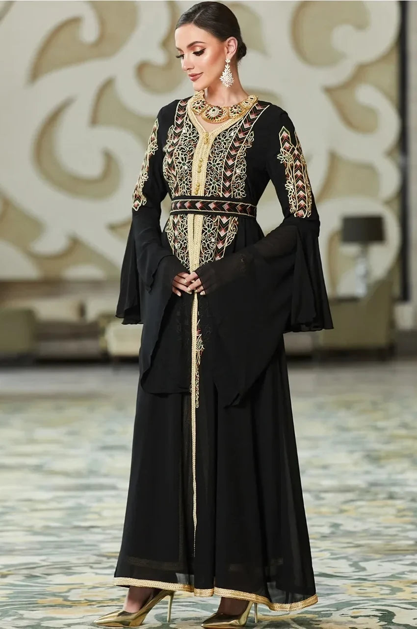 Luxury black and gold embroidered kaftan full length