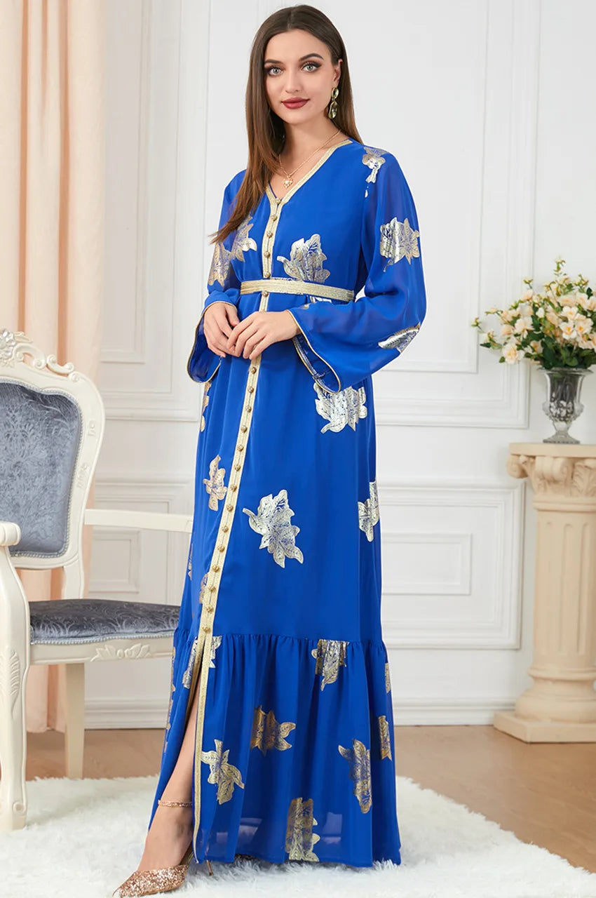 Side angle of Myra blue vintage Moroccan kaftan with flared sleeves and gold details