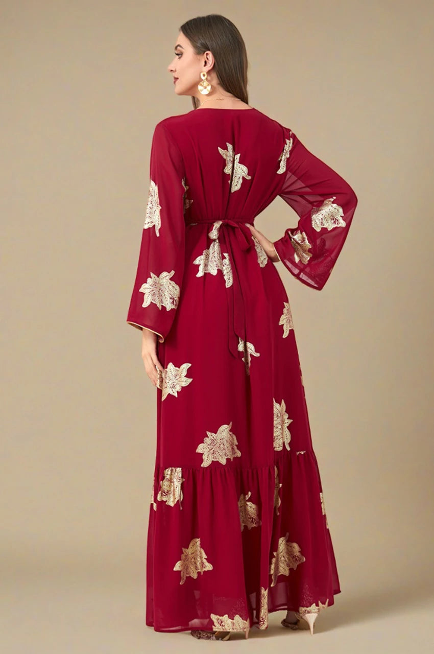Myra Red Vintage Moroccan Kaftan – Back angle highlighting sheer sleeves and embroidered details
