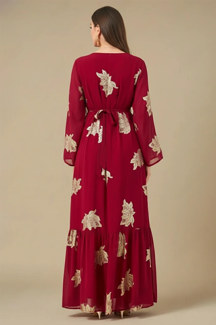 Myra Red Vintage Moroccan Kaftan – Back view showing tie-waist and full-length embroidered design