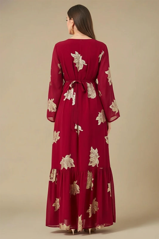 Myra Red Vintage Moroccan Kaftan – Back view showing tie-waist and full-length embroidered design
