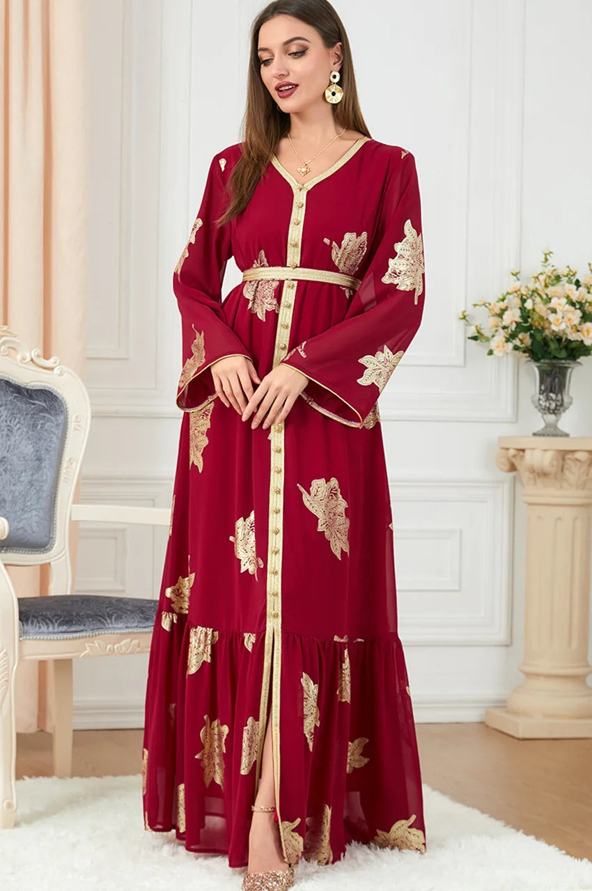 Elegant red Myra vintage Moroccan kaftan with gold floral embroidery, full-length front