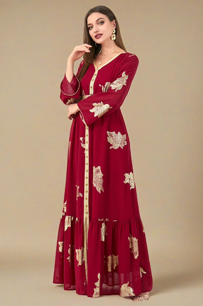Myra Red Vintage Moroccan Kaftan – Side angle showing gold embroidery and flared sleeves