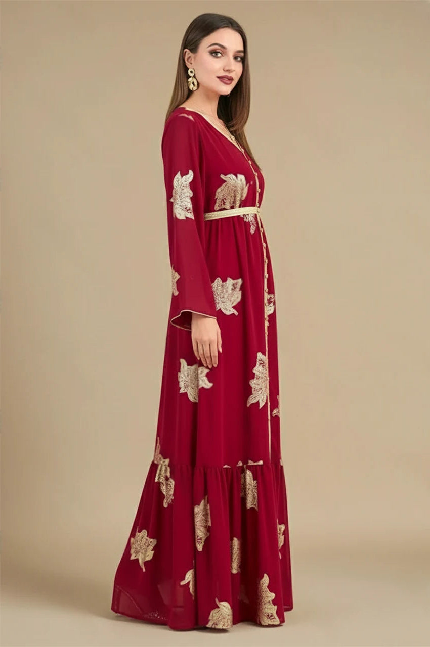 Myra Red Vintage Moroccan Kaftan -Side profile with golden leaf motifs