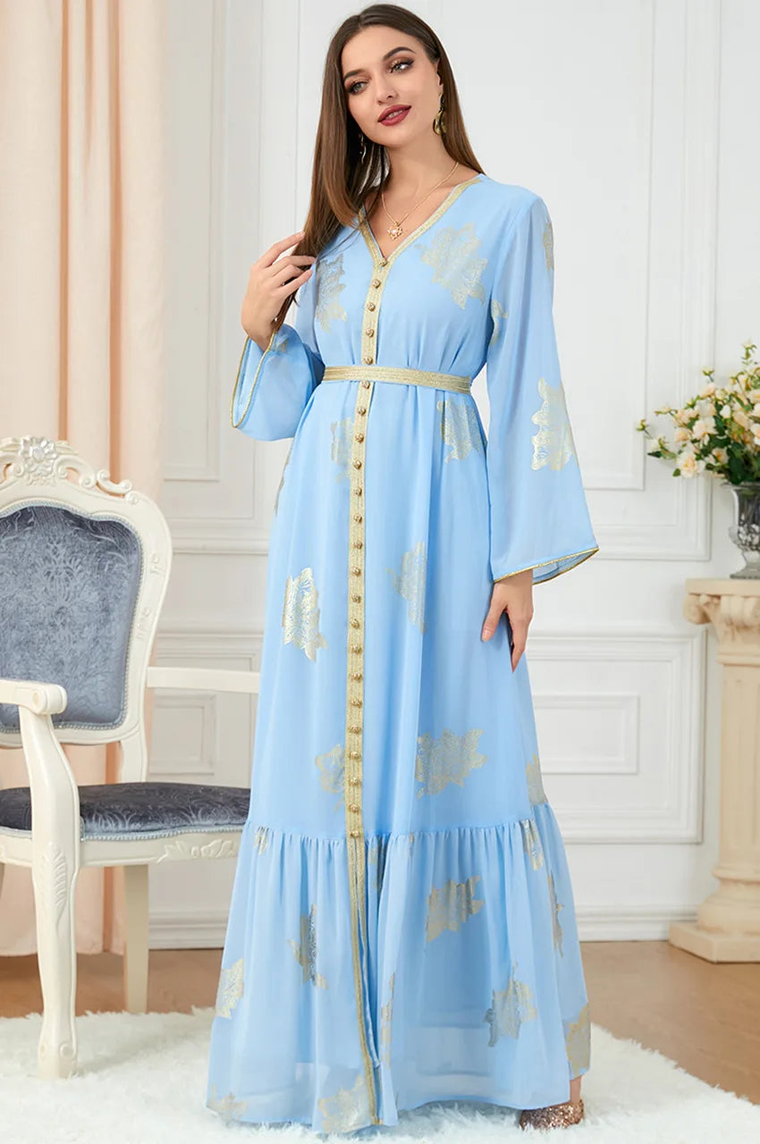 Full-length view of Myra sky blue long vintage Moroccan kaftan with flared sleeves
