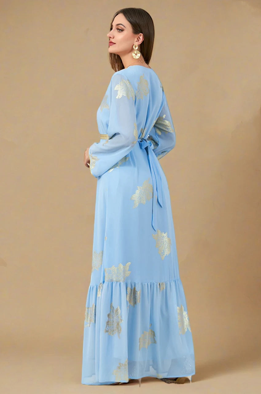 Back view of Myra sky blue vintage Moroccan kaftan with waist tie and gold leaf embroidery