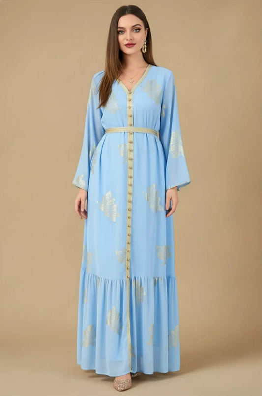 Myra Sky Blue Vintage Moroccan Kaftan – Front View with Gold Floral Embroidery