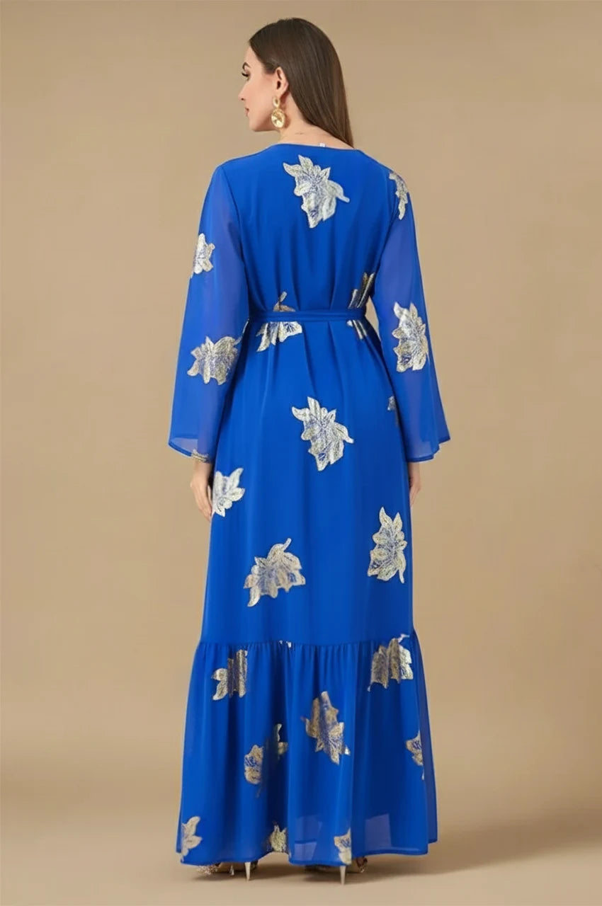 Myra Blue Moroccan Vintage Kaftan – back view with golden leaf embroidery