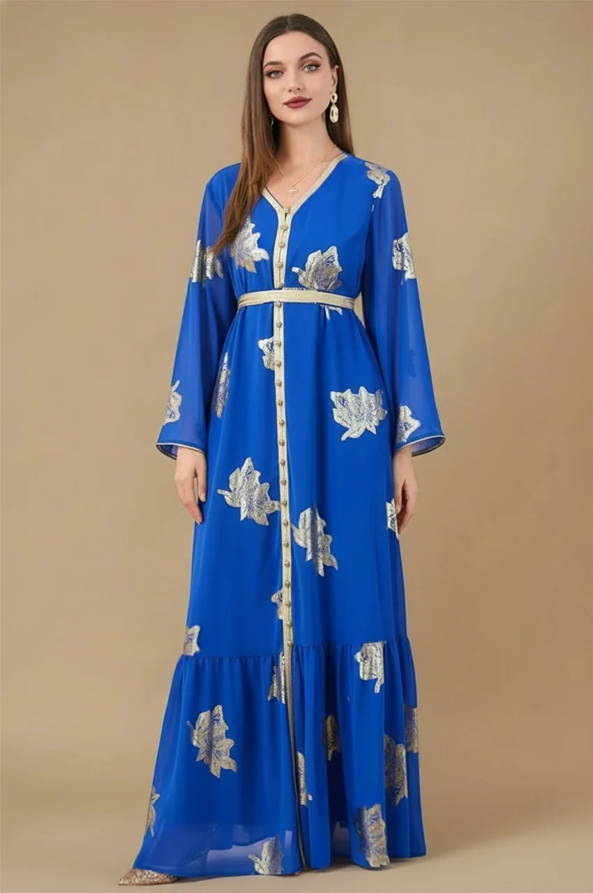 Myra Vintage Moroccan Kaftan in Blue – front view with golden embroidered motifs