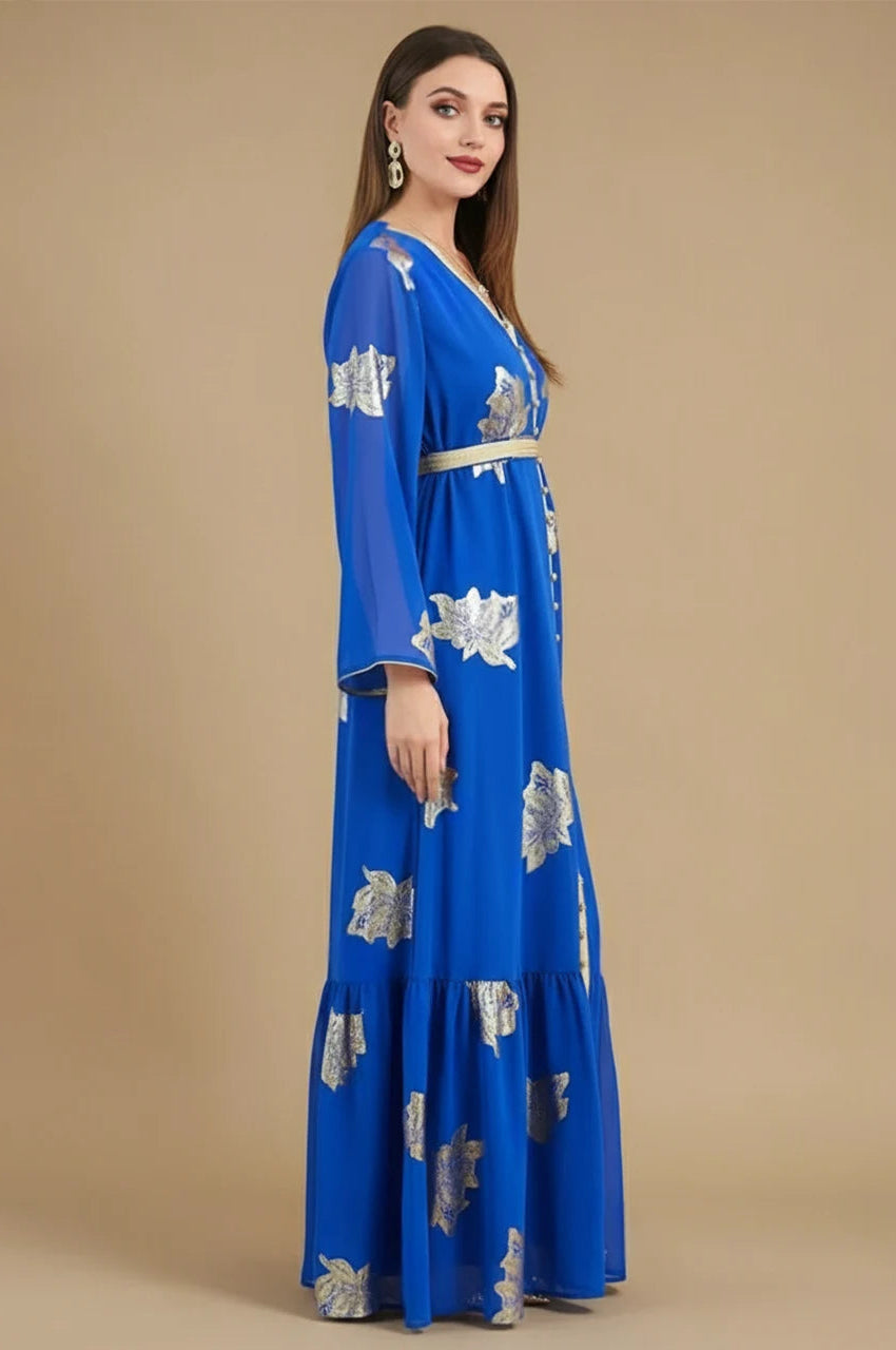 Myra Blue Vintage Moroccan Kaftan – side profile showing gold embellishments