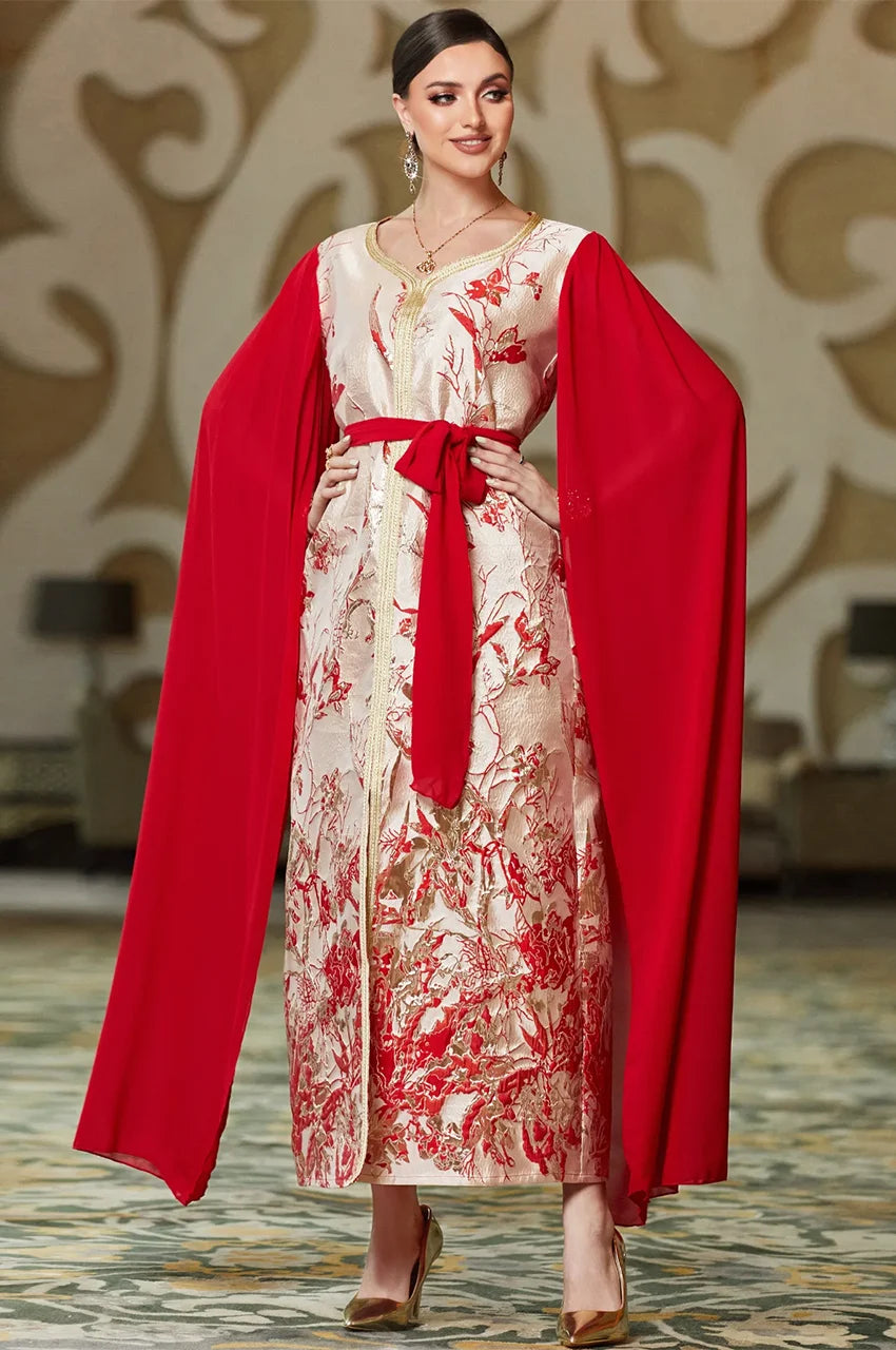 Waist belt detail on red and white kaftan dress