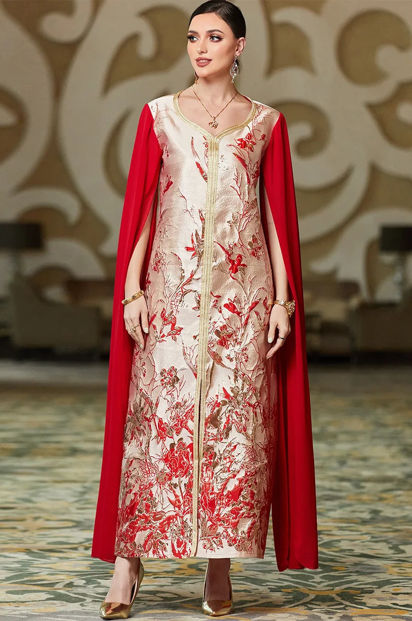 Chiffon cape sleeves on red and white embroidered kaftan dress