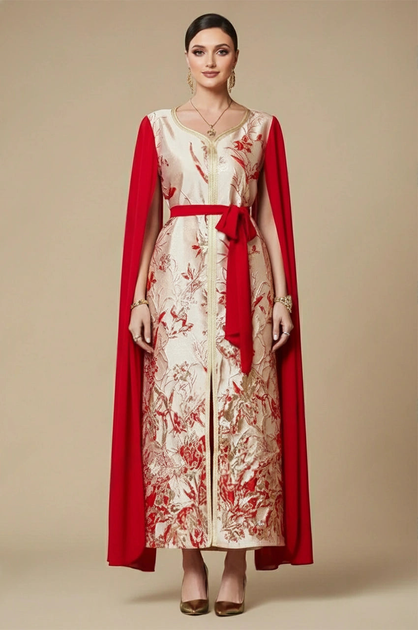 Front view of Naima red and white kaftan dress with cape sleeves