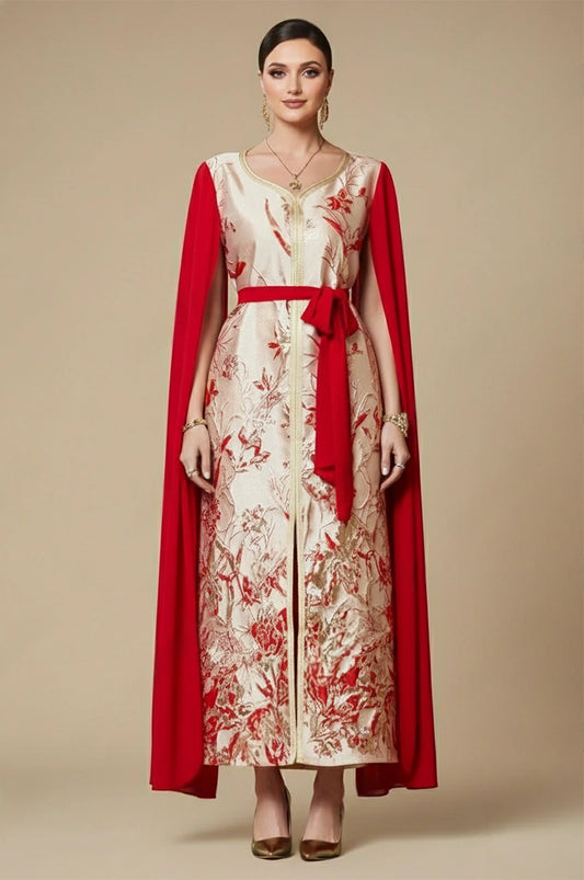 Front view of Naima red and white kaftan dress with cape sleeves