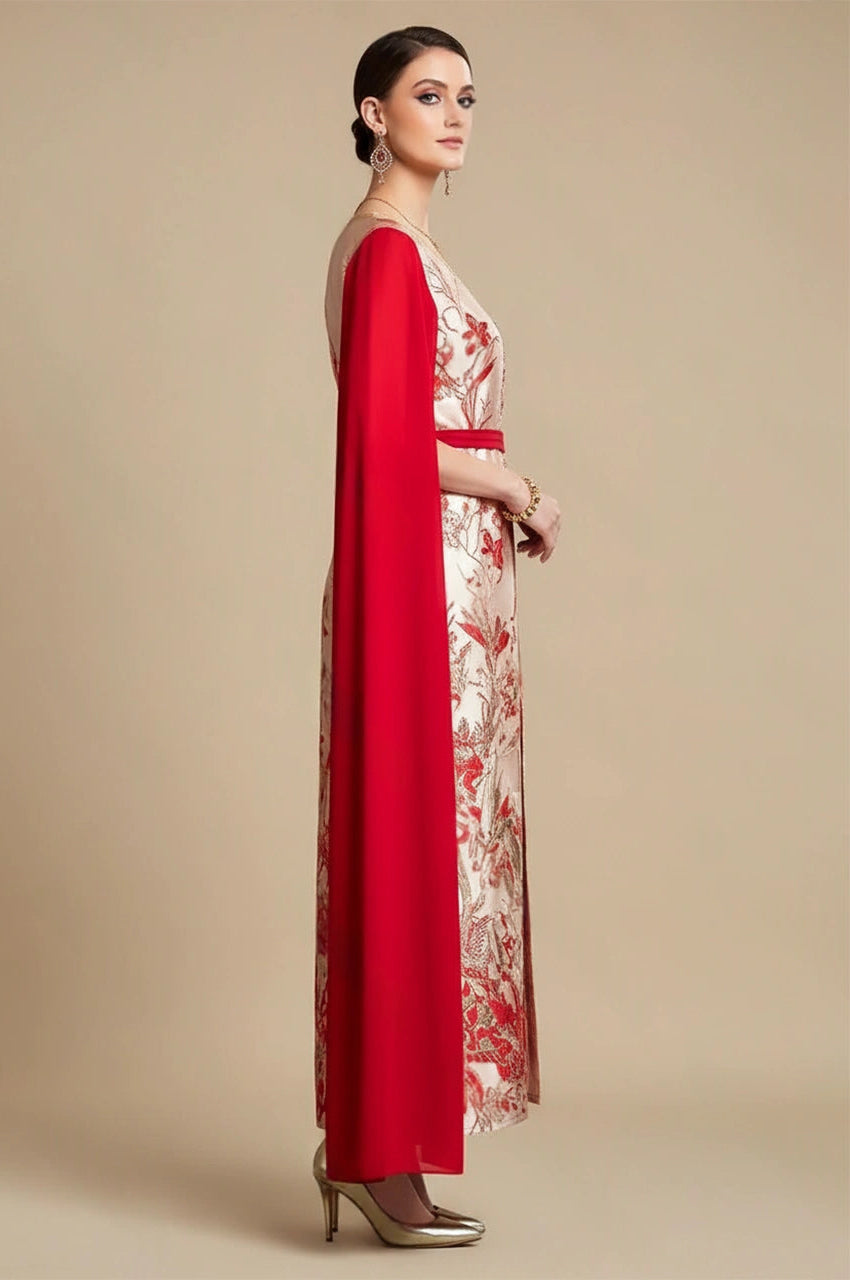 Side view of embroidered red and white kaftan dress