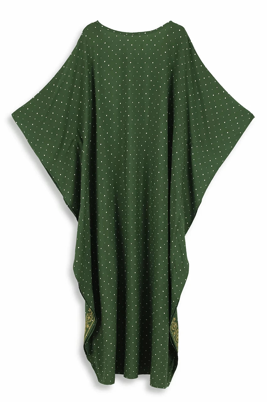 Flat lay back view of Nalya green dotted Indian cotton kaftan