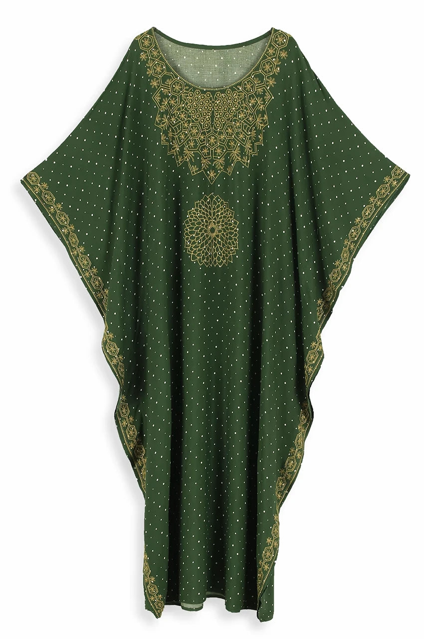 Flat lay front view of Nalya green kaftan with gold mandala embroidery