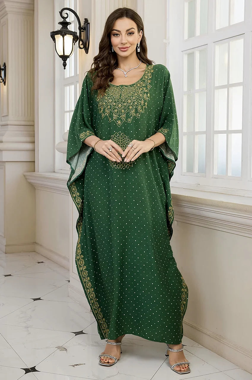 Full-length Nalya green gold embroidered Indian cotton kaftan