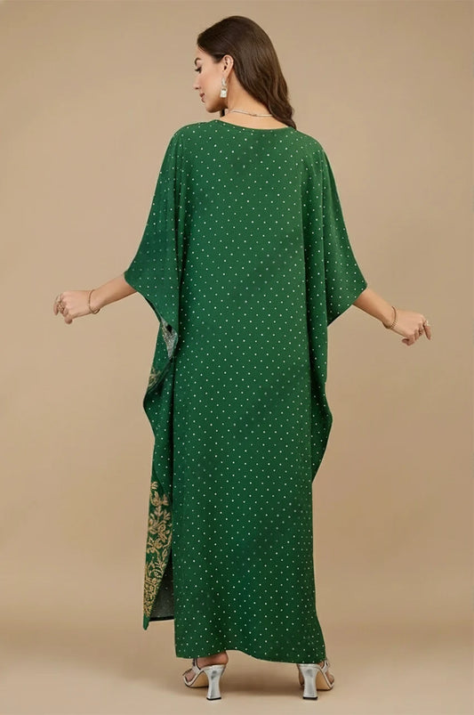 Back view of Nalya Indian Cotton Kaftan in green with draped silhouette