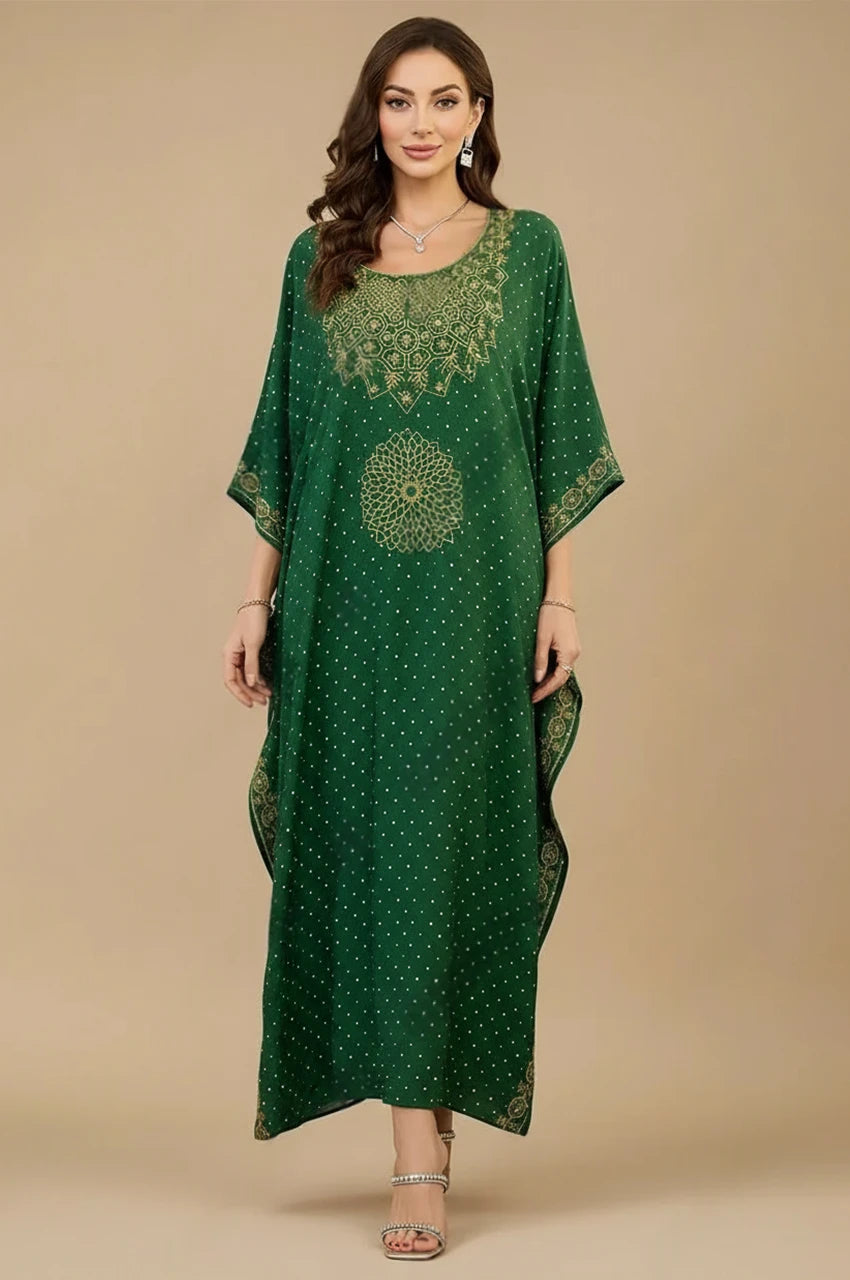Front view of Nalya Indian Cotton Kaftan in emerald green with gold mandala embroidery